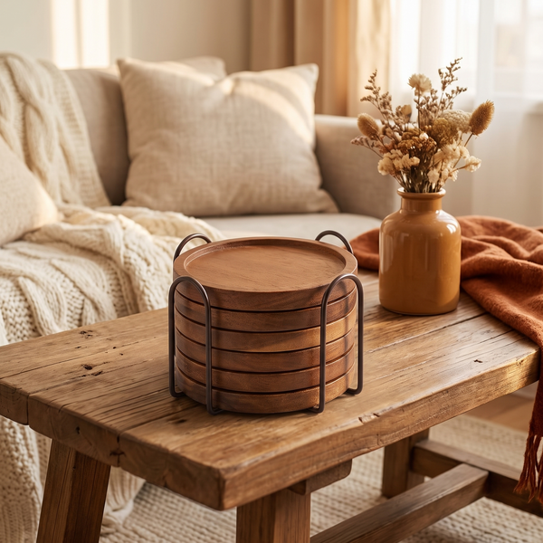 Wooden Drink Coasters With Holder full view