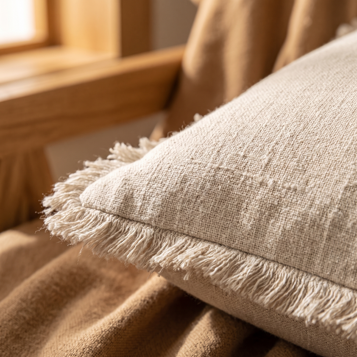 Decorative Linen Fringe Throw Pillow Cover 18x18 Inch close up detail