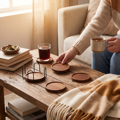 Wooden Drink Coasters With Holder in use