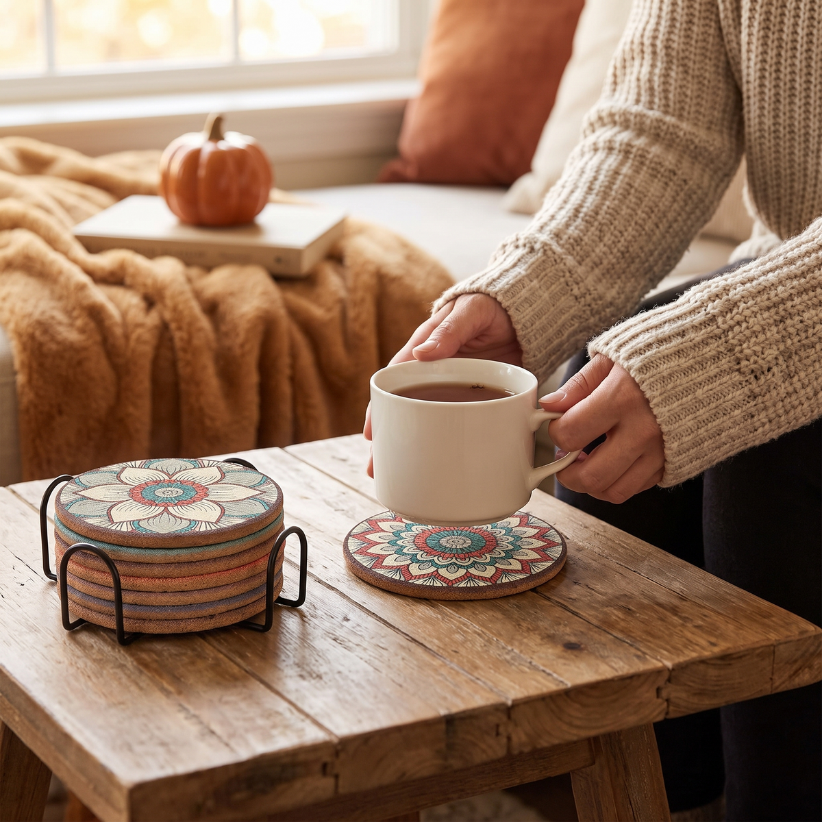 Colorful Cork Drink Coasters With Holder in use