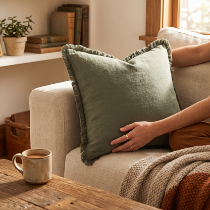 Decorative Linen Fringe Throw Pillow Cover 18x18 Inch in use