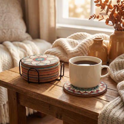 Colorful Cork Drink Coasters With Holder full view