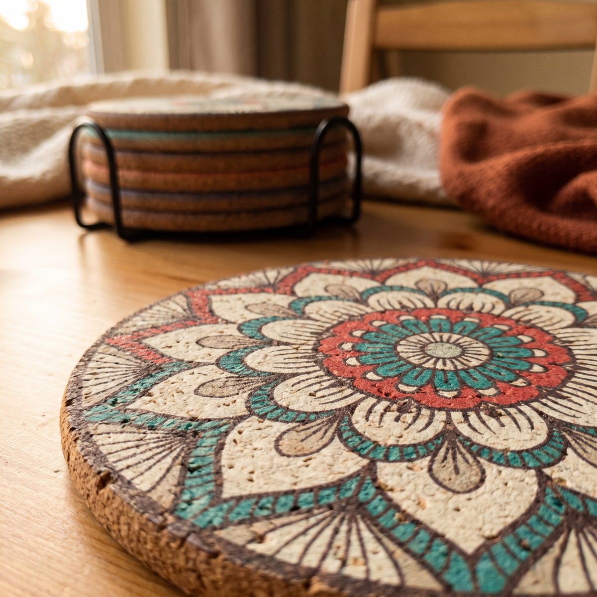 Colorful Cork Drink Coasters With Holder close up detail
