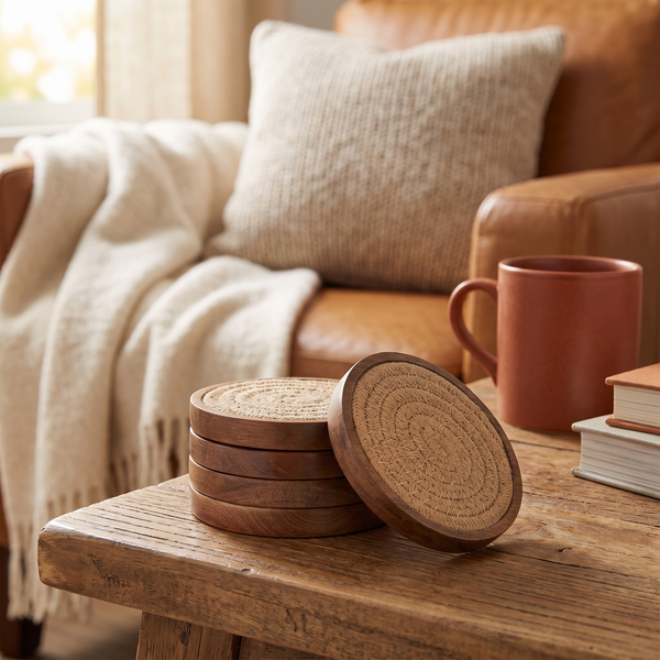 4 Inch Wood Drink Coasters Absorbent Woven Coaster Set For full view