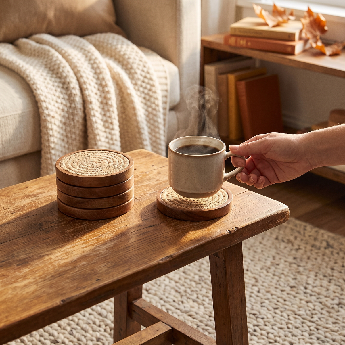 4 Inch Wood Drink Coasters Absorbent Woven Coaster Set For in use