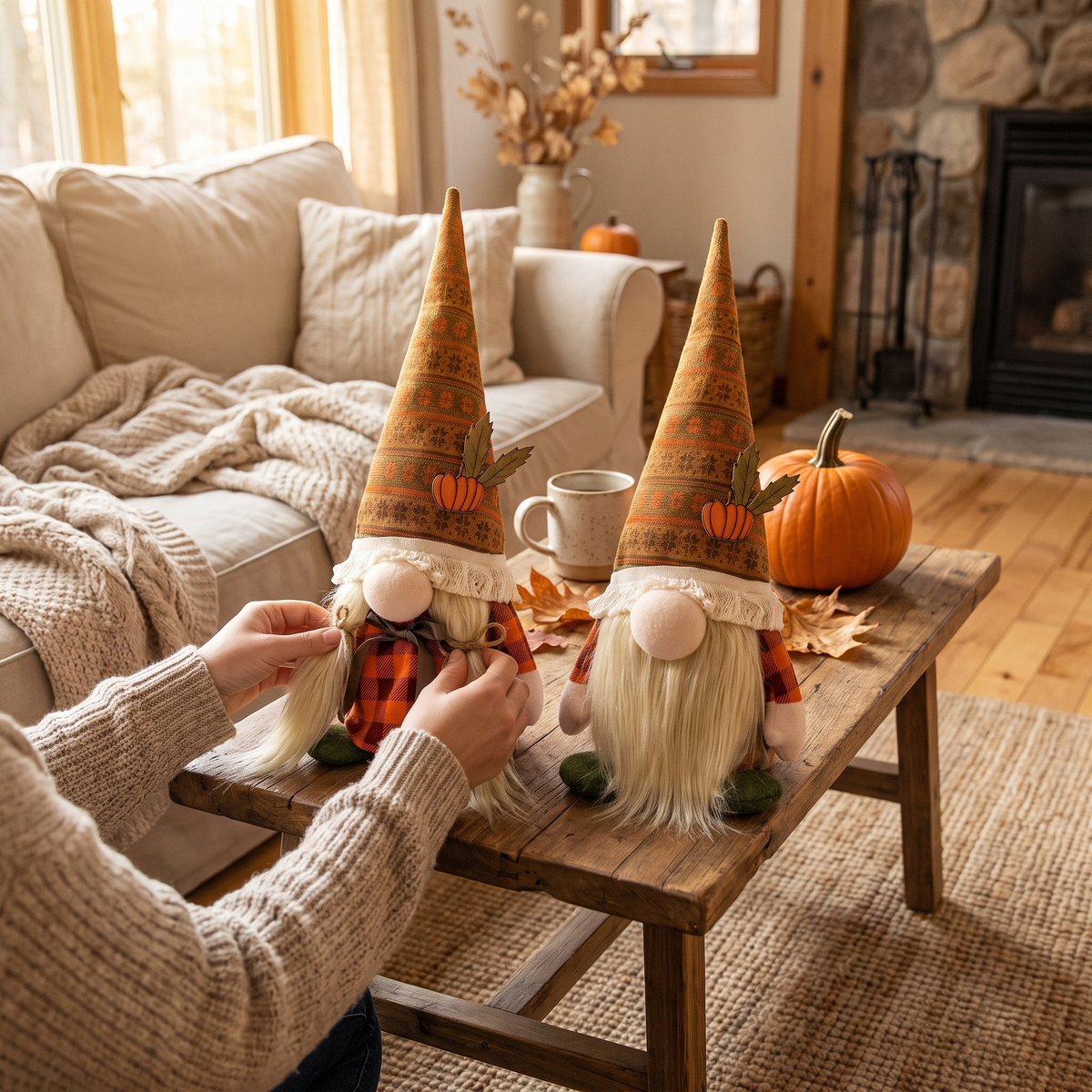 Fall Thanksgiving Pumpkin Gnome Decorations in use