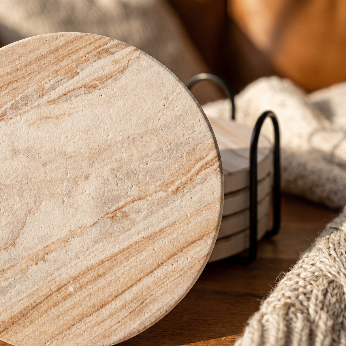 4 Inch Absorbent Ceramic Drink Coasters With Holder close up detail