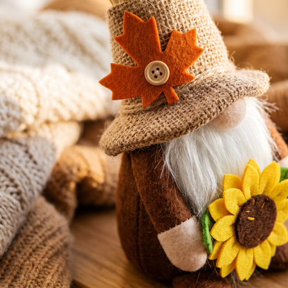 Fall Thanksgiving Gnome Plush Decorations With Pumpkin And close up detail