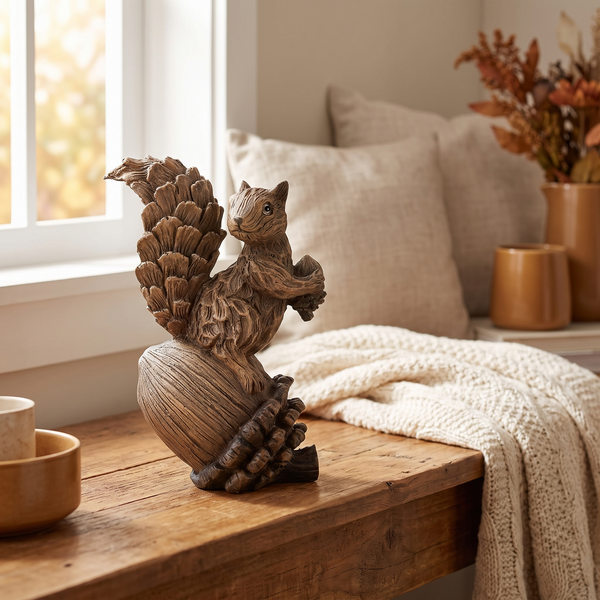 Handcrafted Resin Squirrel Figurine On Pinecone full view