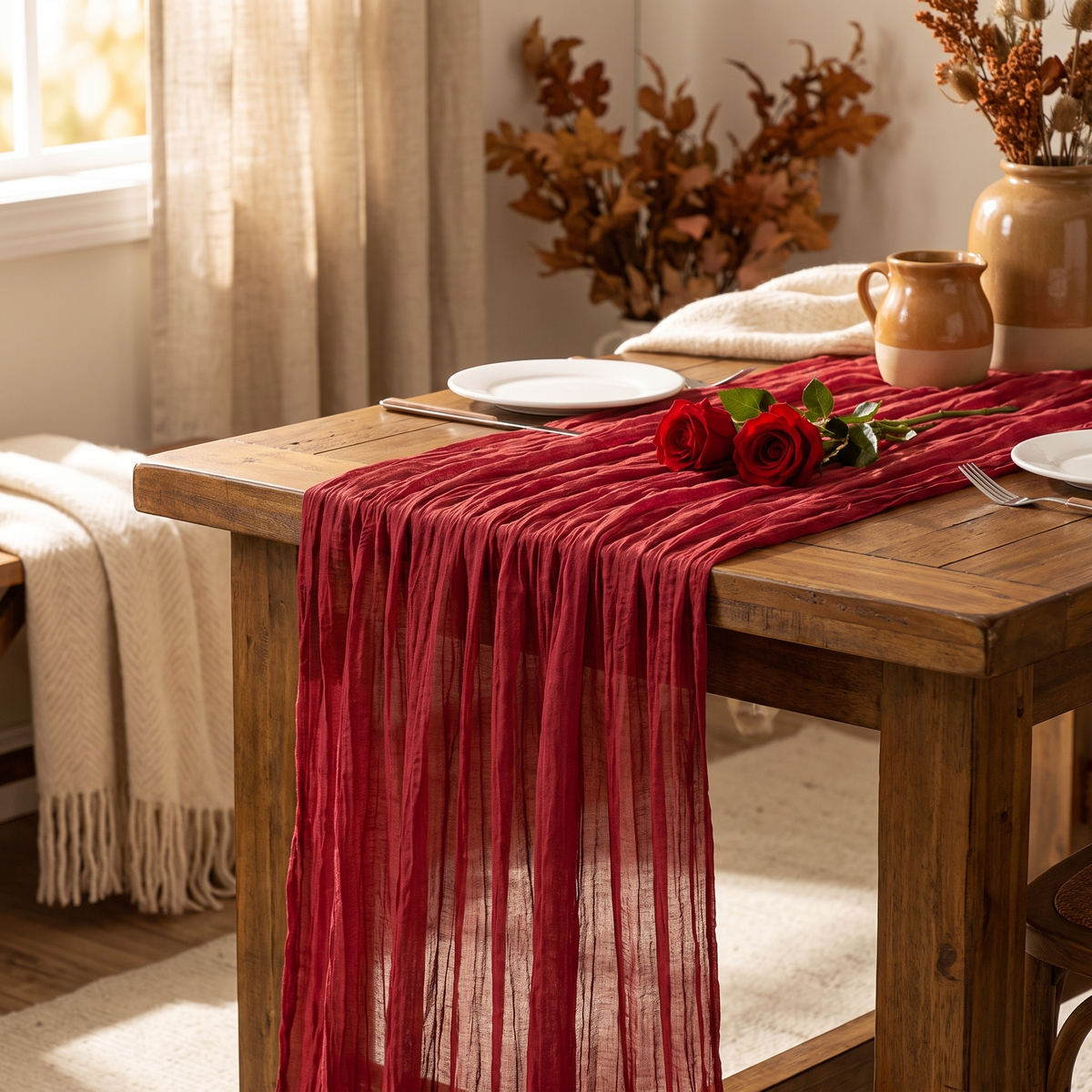 Table Runner Fall Red Boho Wedding Birthday Party Home full view