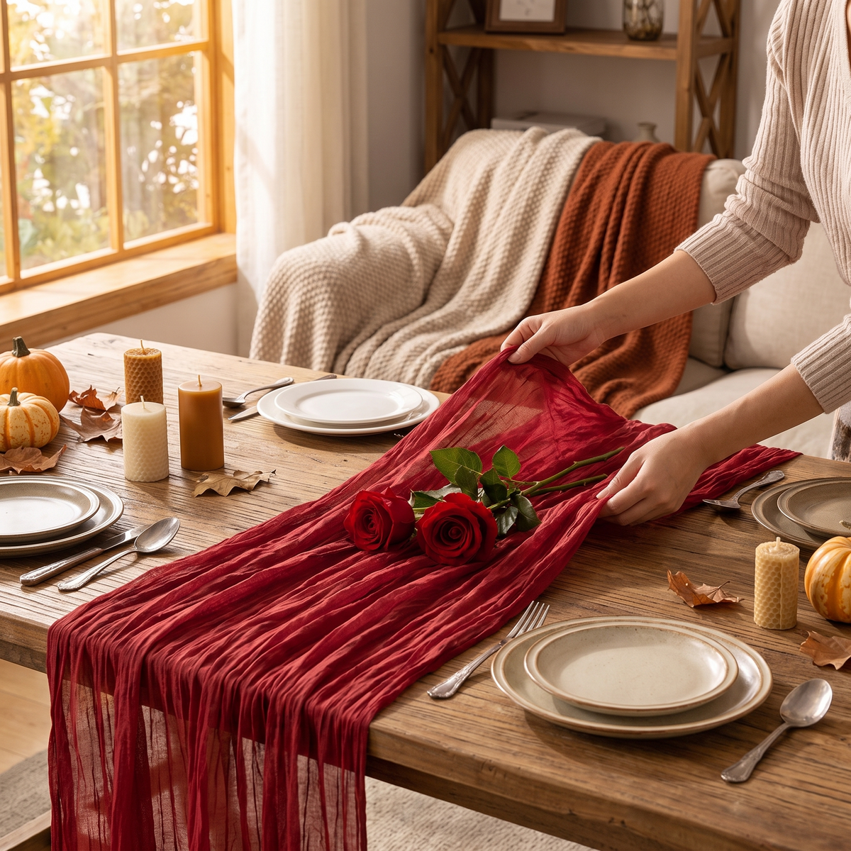 Table Runner Fall Red Boho Wedding Birthday Party Home in use