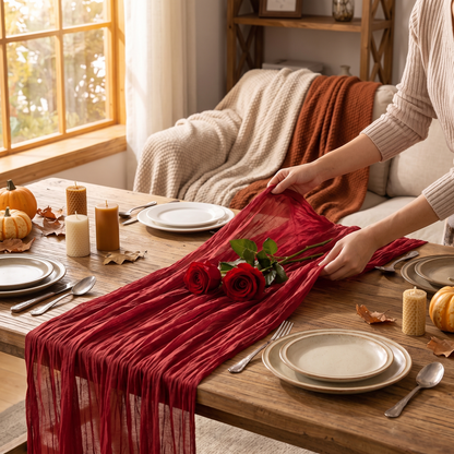 Table Runner Fall Red Boho Wedding Birthday Party Home in use