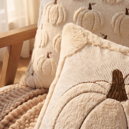 Fall Throw Pillow Covers Set Of 2 Reversible Beige Pumpkin close up detail