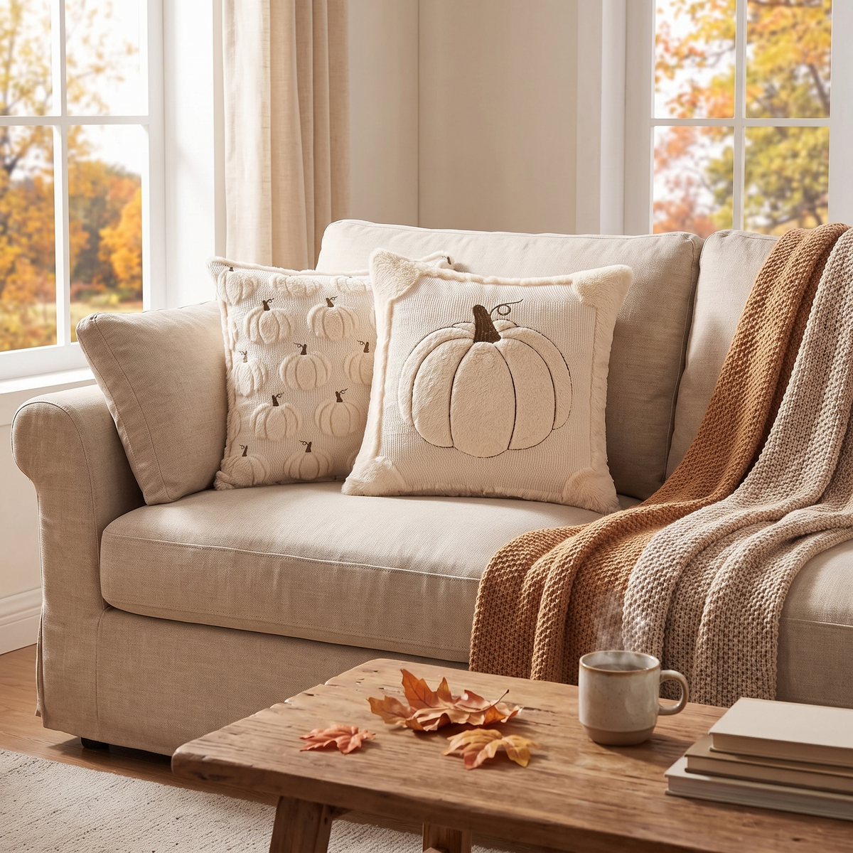 Fall Throw Pillow Covers Set Of 2 Reversible Beige Pumpkin in the room