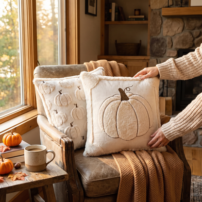 Fall Throw Pillow Covers Set Of 2 Reversible Beige Pumpkin in use