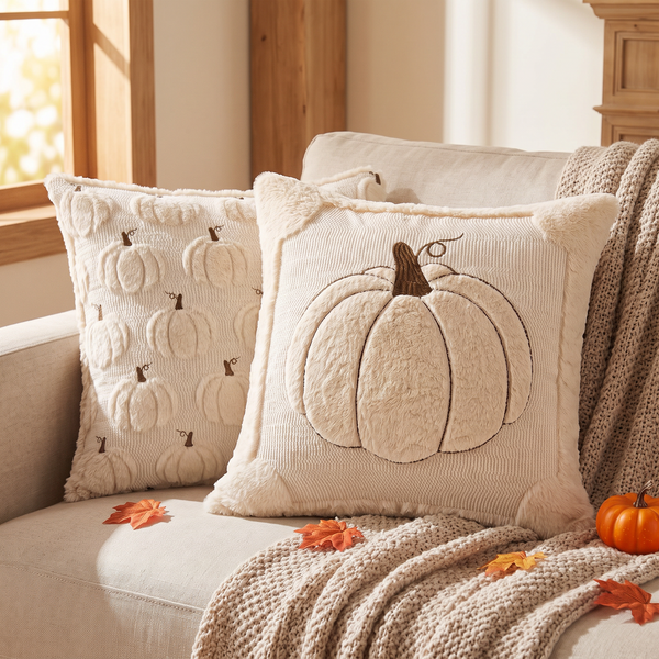 Fall Throw Pillow Covers Set Of 2 Reversible Beige Pumpkin full view