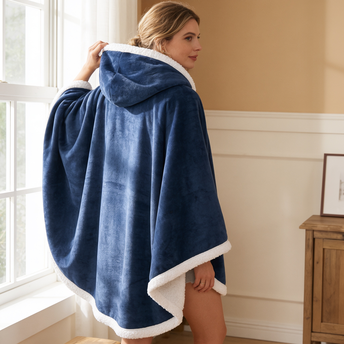 Sherpa Fleece Blanket Hoodie shown from behind with the hood up