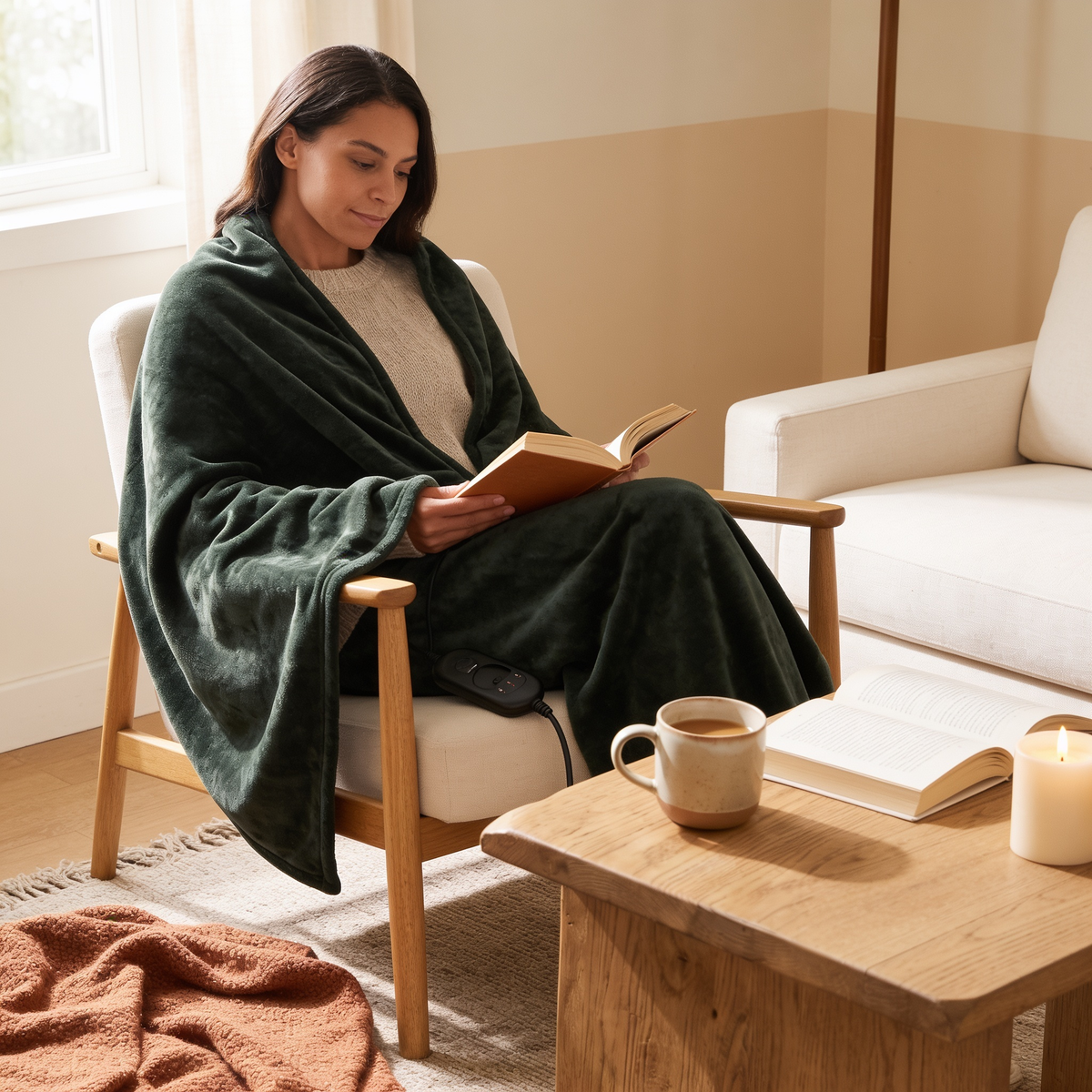 Woman wrapped in the USB Heated Blanket Wrap in a living room