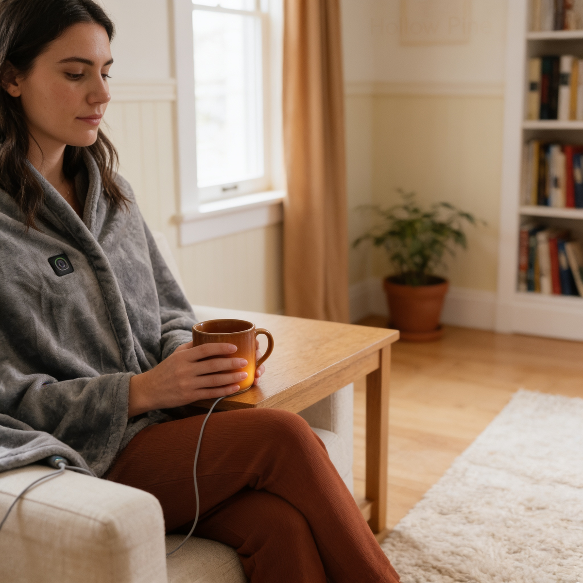 Woman wearing the Wearable USB Heated Shawl on a sofa