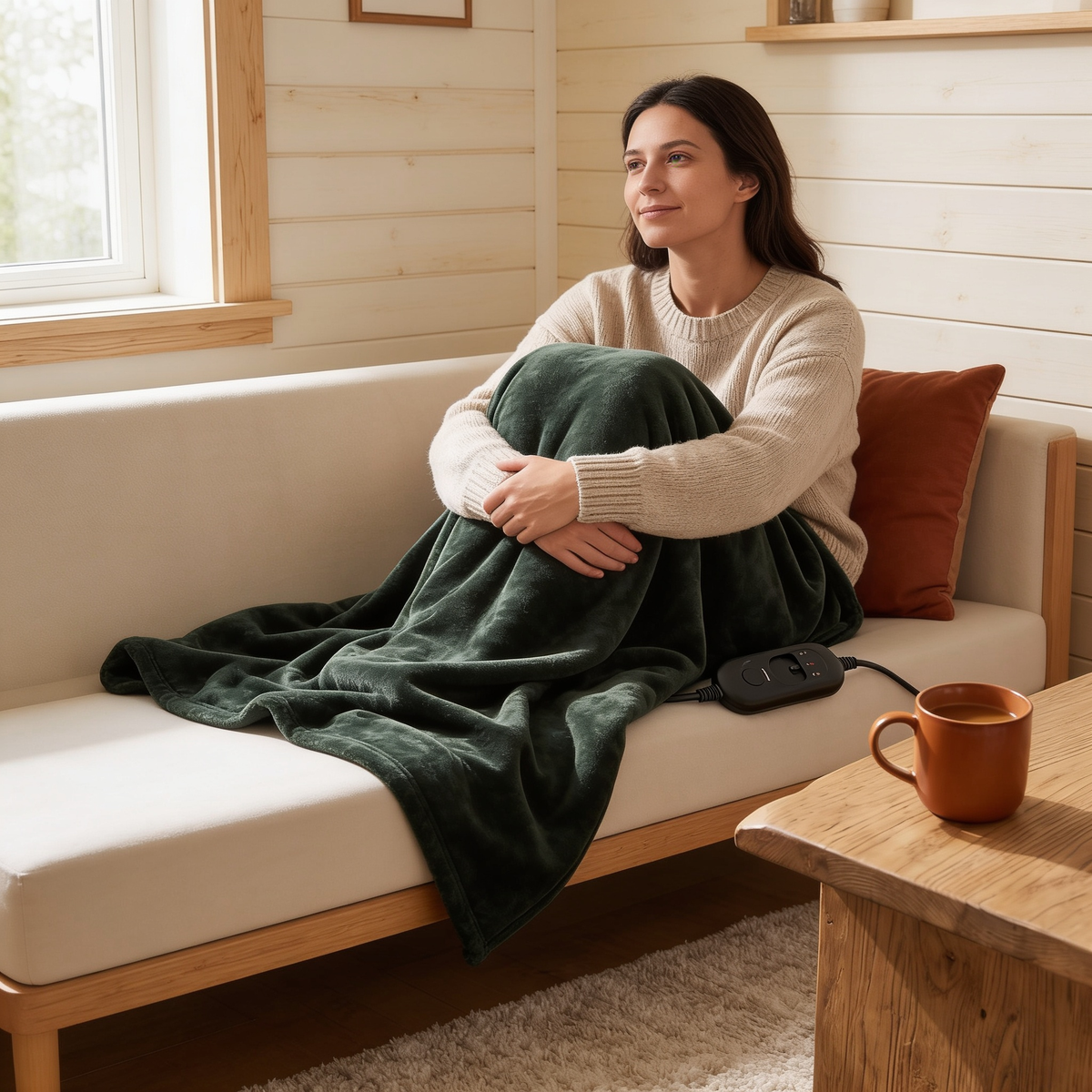 Woman wrapped in the USB Heated Blanket Wrap on a sofa