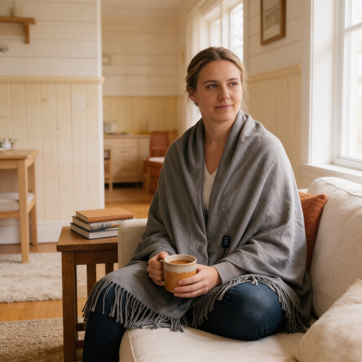 Woman wearing the USB Heated Shawl With Tassels on a sofa
