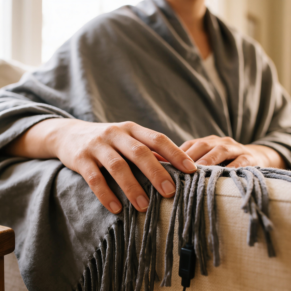 USB Heated Shawl With Tassels tassel and fabric detail