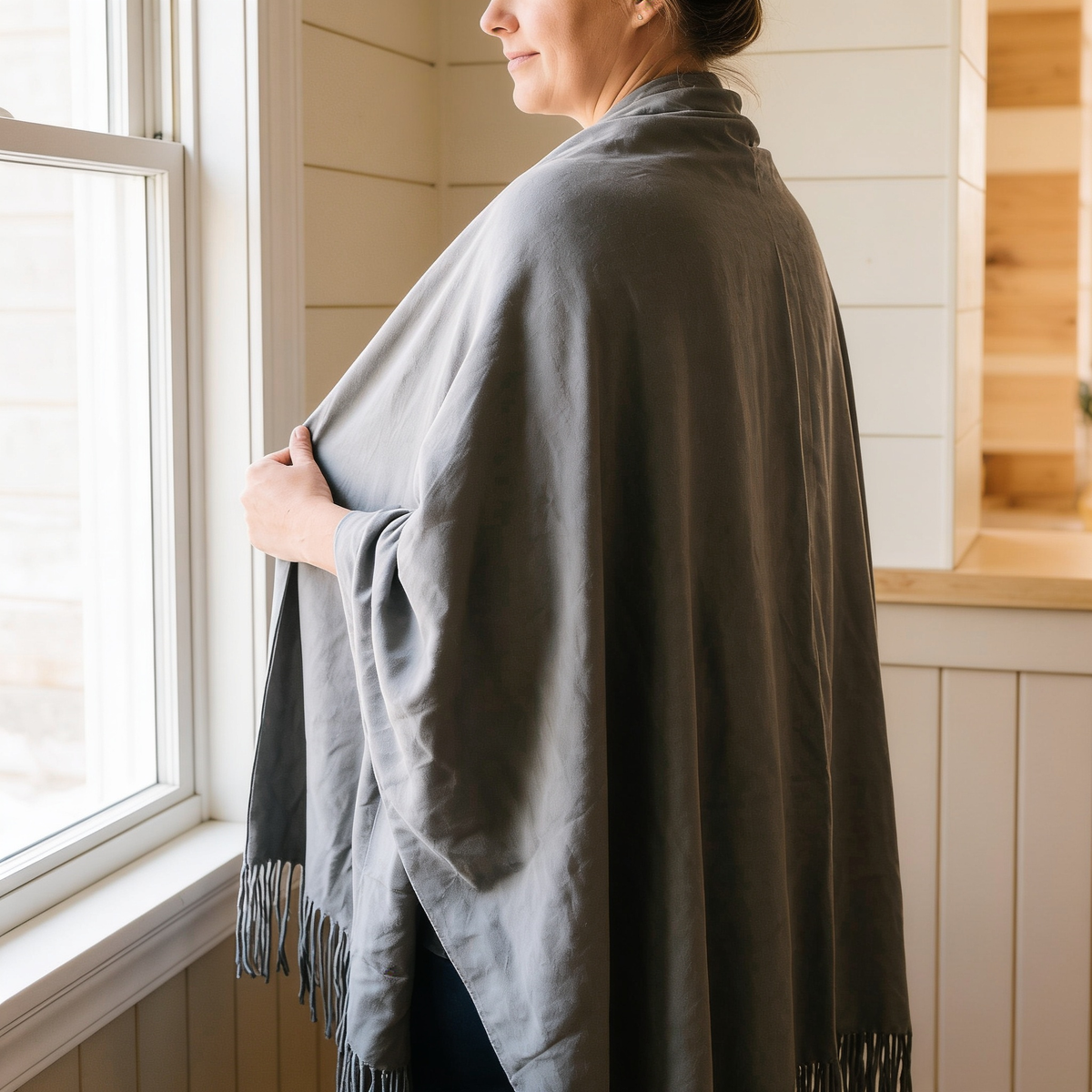 USB Heated Shawl With Tassels shown from behind