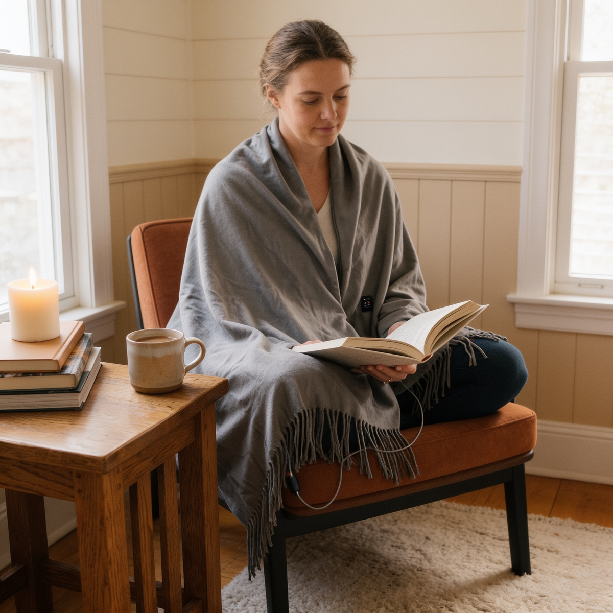 Woman wearing the USB Heated Shawl With Tassels in a living room