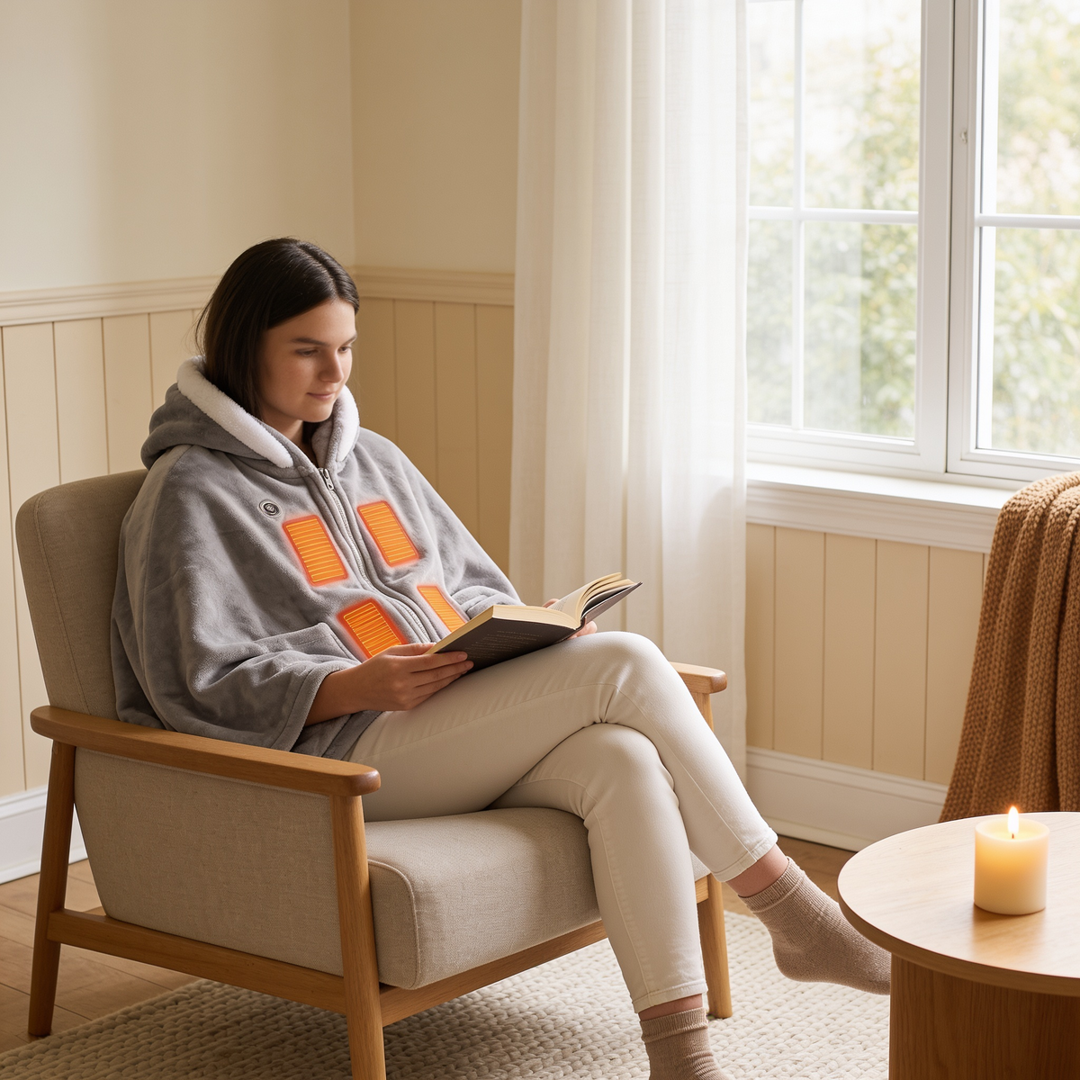 Woman wrapped in the Wearable Heated Flannel Throw Blanket in an armchair