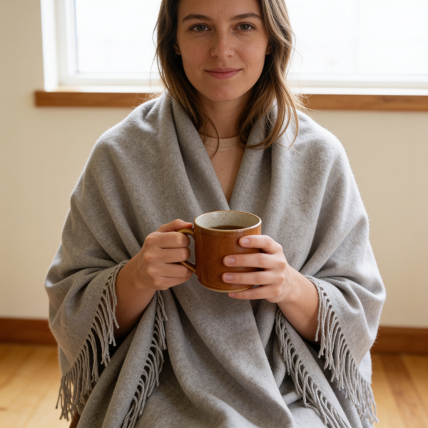 Woman wearing the Oversize Wool Blend Shawl Wrap with a mug