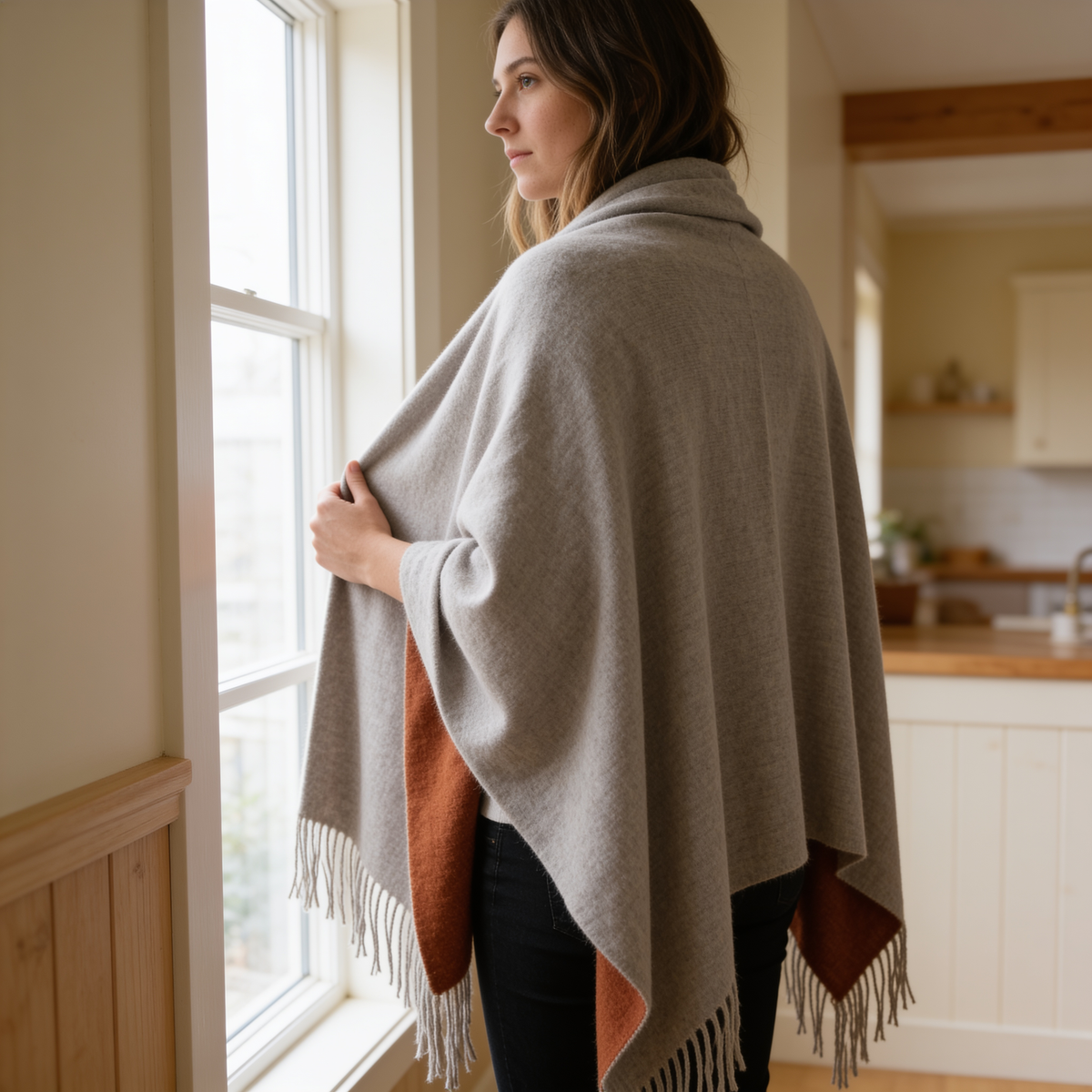 Oversize Wool Blend Shawl Wrap shown from behind