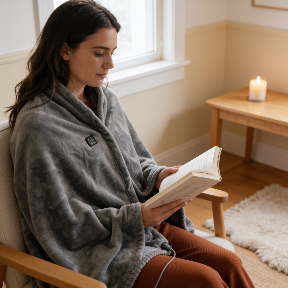 Woman wearing the Wearable USB Heated Shawl in a living room