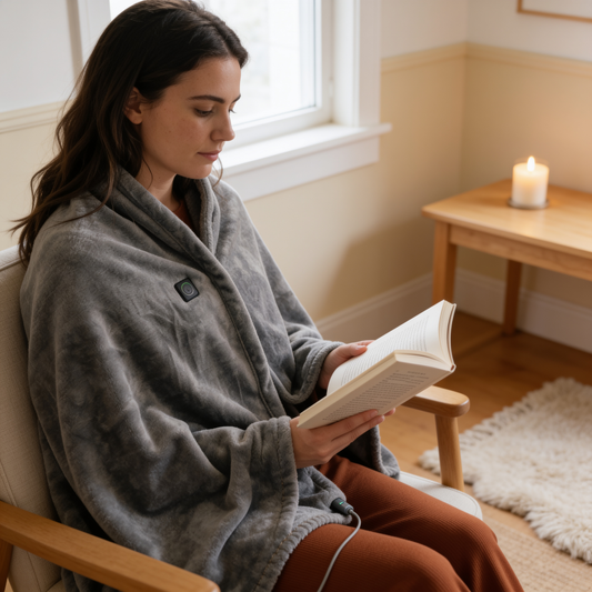 Woman wearing the Wearable USB Heated Shawl in a living room