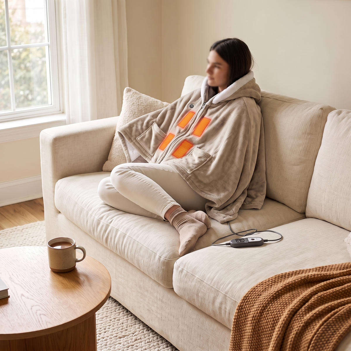 Wearable Heated Flannel Throw Blanket in Beige