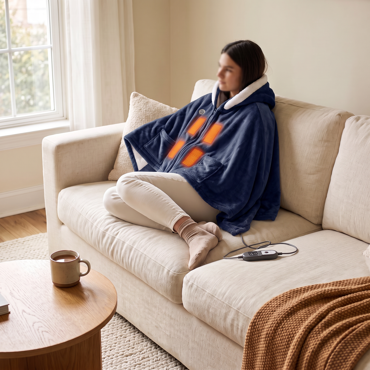 Wearable Heated Flannel Throw Blanket in Dark Blue