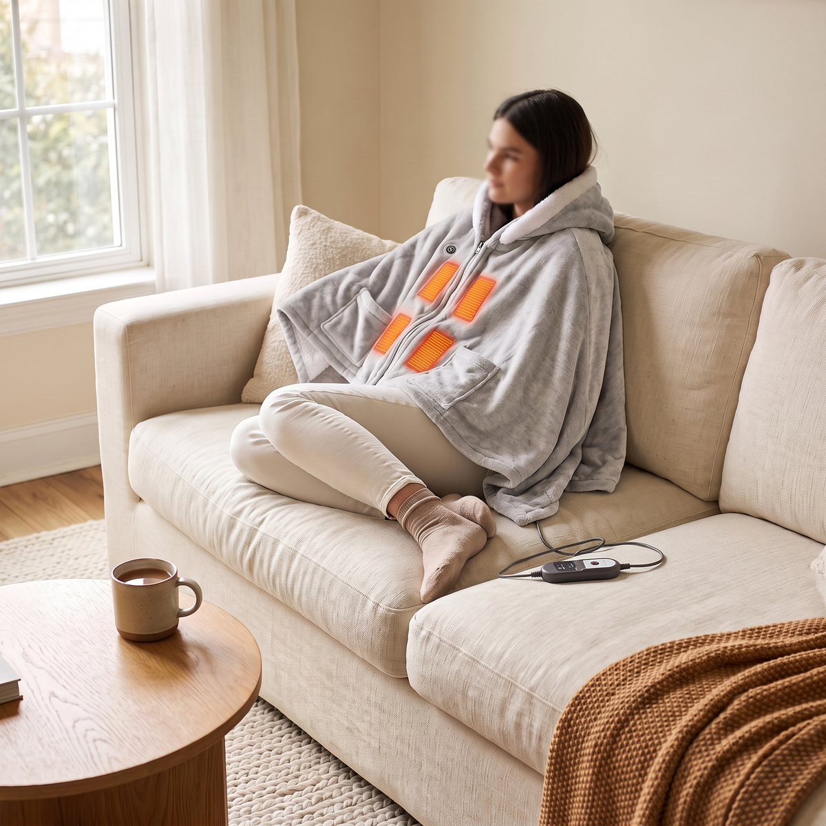 Wearable Heated Flannel Throw Blanket in Grey