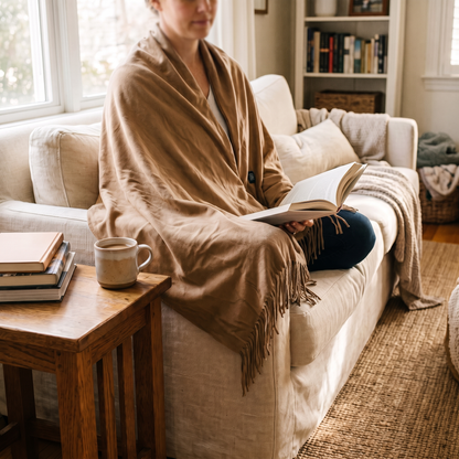 USB Heated Shawl With Tassels in Camel