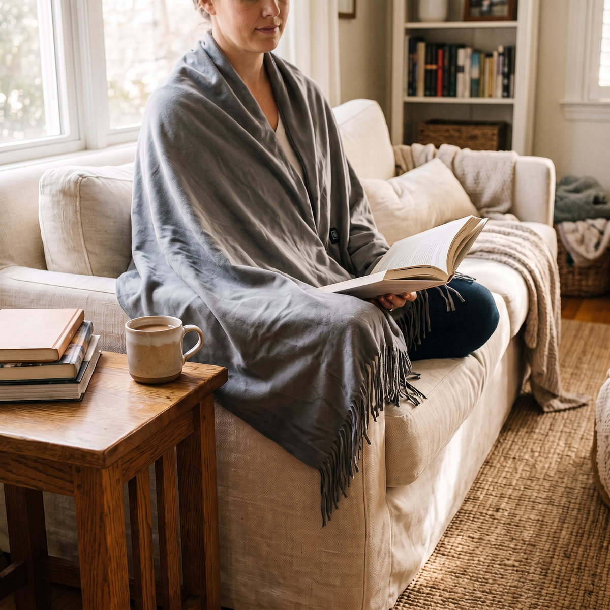 USB Heated Shawl With Tassels in Grey