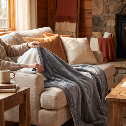 Flannel Sherpa Heated Blanket in Grey in use on a sofa