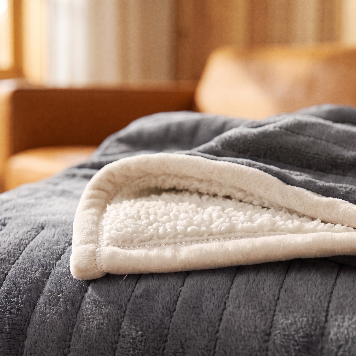 Flannel Sherpa Heated Blanket in Grey, close up of flannel and sherpa sides