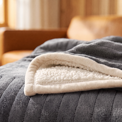 Flannel Sherpa Heated Blanket in Grey, close up of flannel and sherpa sides