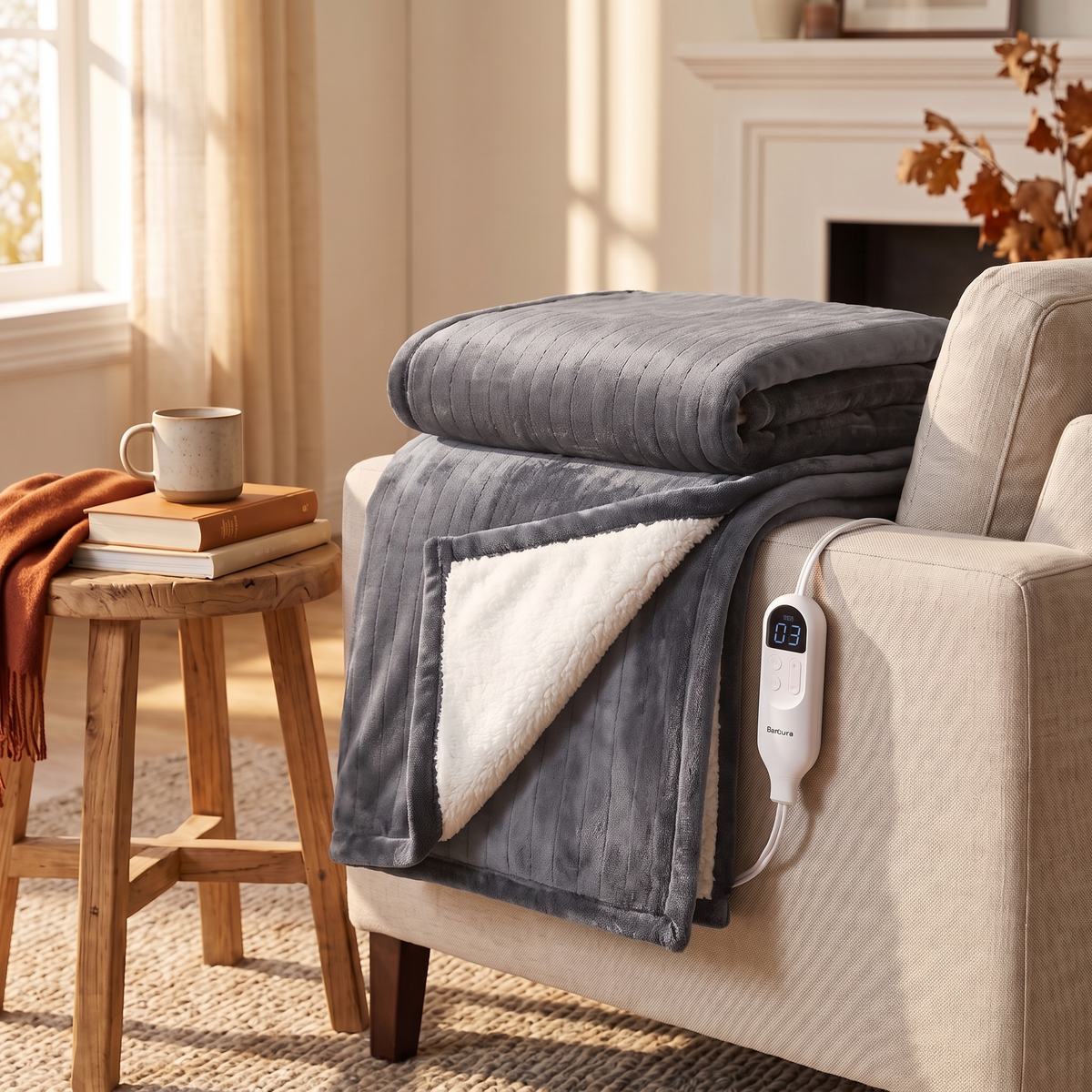 Flannel Sherpa Heated Blanket in Grey folded on a sofa with controller