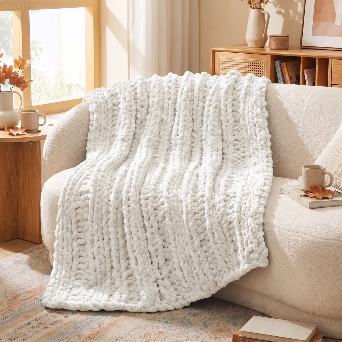 Chunky Knit Chenille Throw Blanket in White draped on a boucle sofa