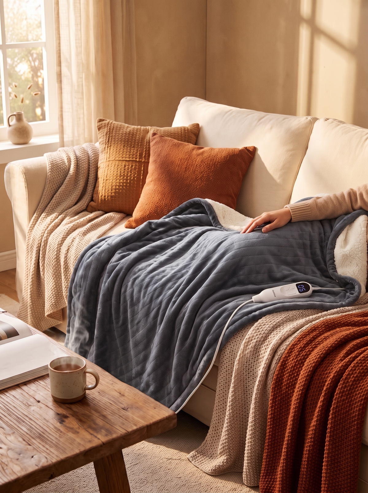 Flannel Sherpa Heated Blanket in Grey, throw or king