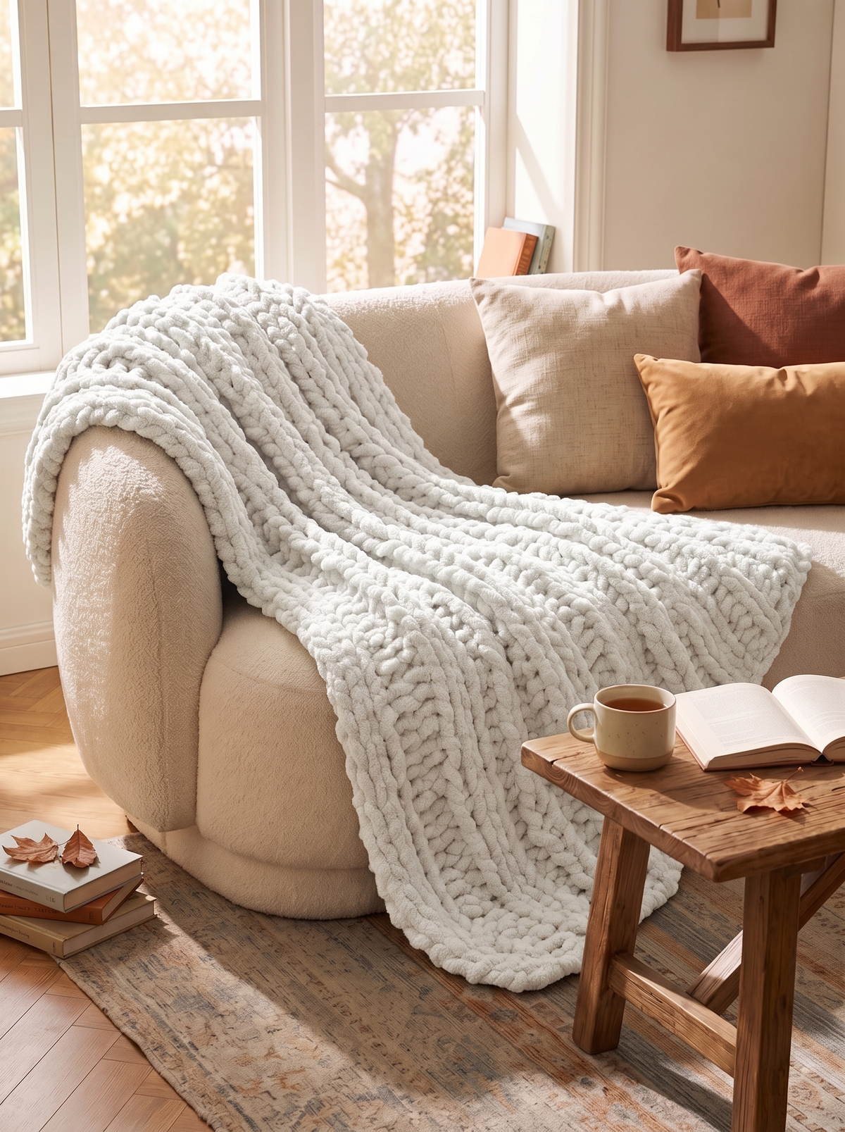 Chunky Knit Chenille Throw Blanket in White, styled even when in use