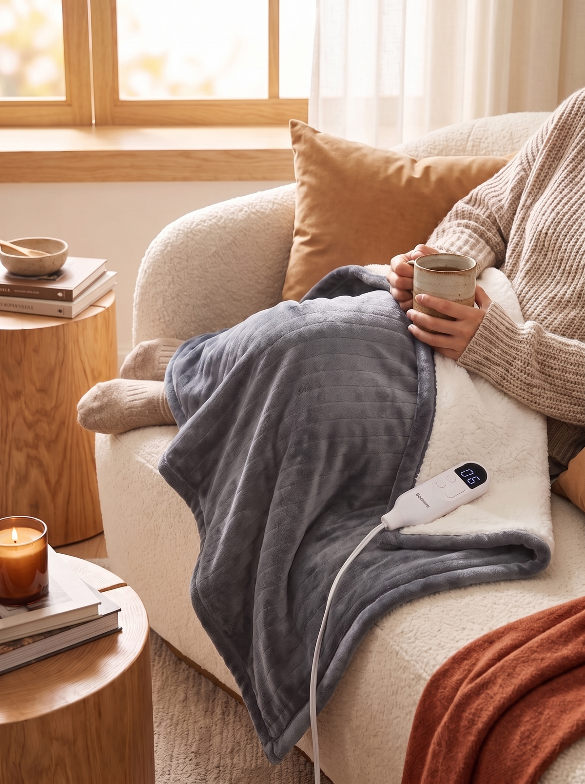Flannel Sherpa Heated Blanket in Grey, curl up warm through