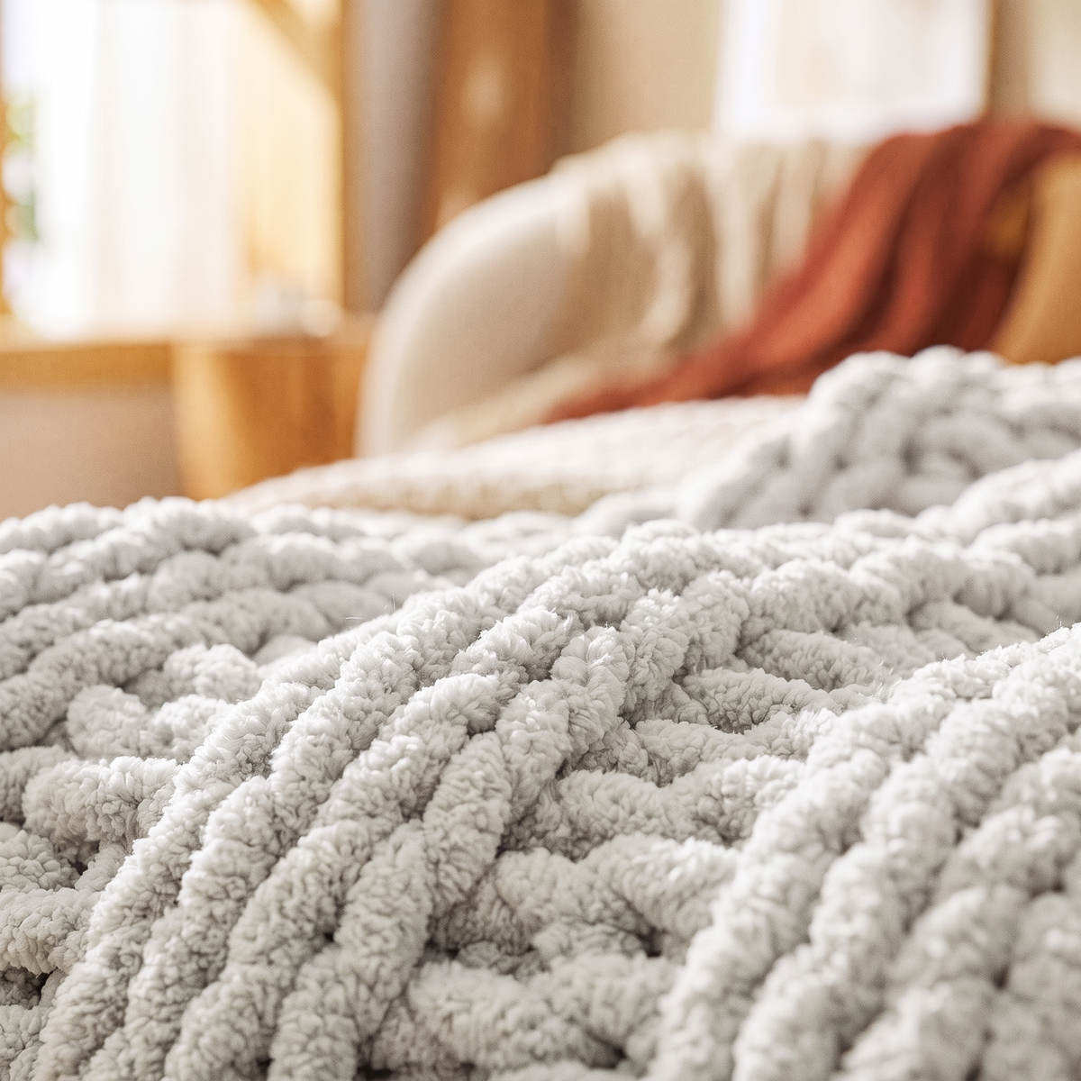 Chunky Knit Chenille Throw Blanket in White, close up of the knit