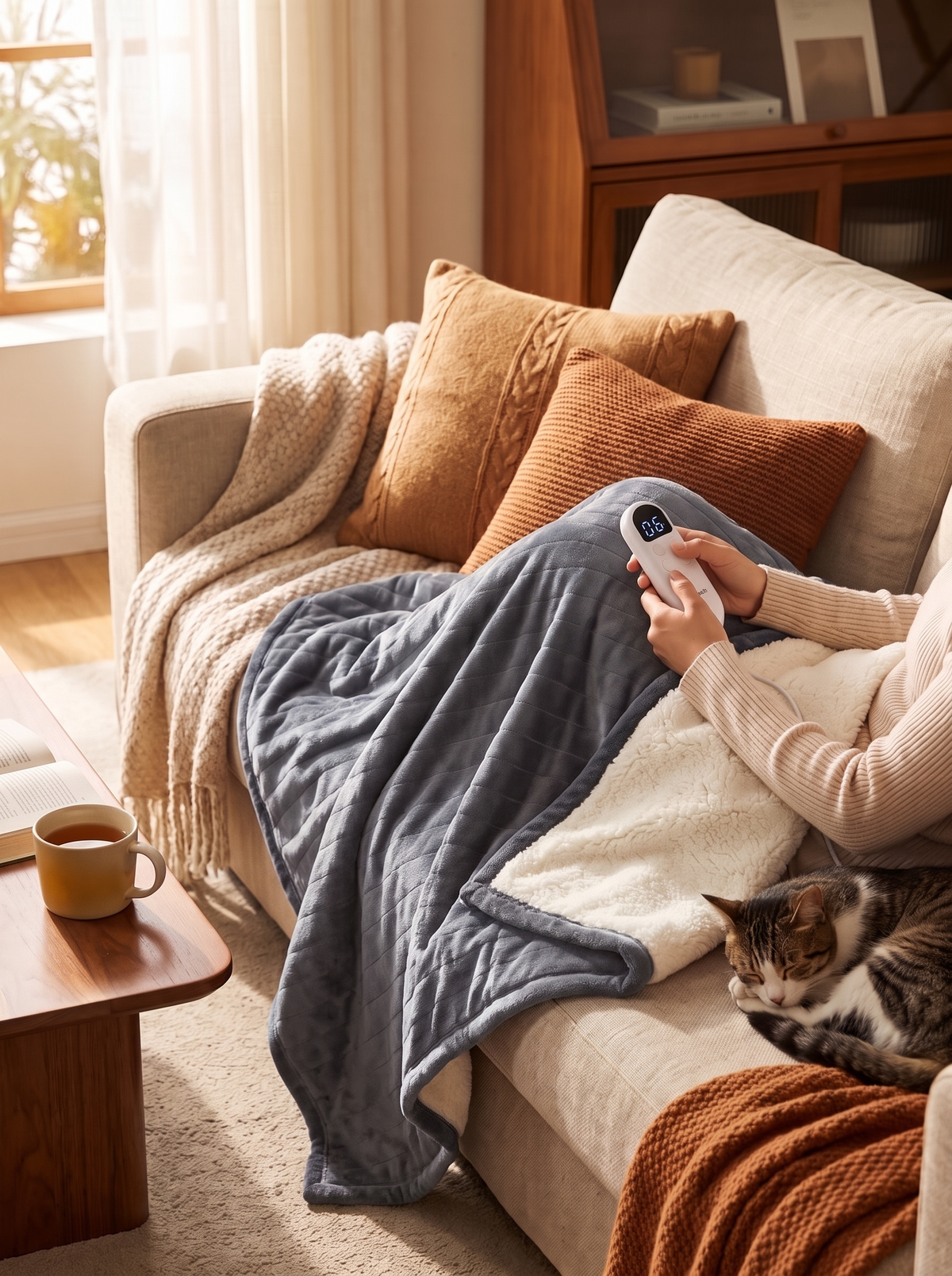 Flannel Sherpa Heated Blanket in Grey, two soft sides
