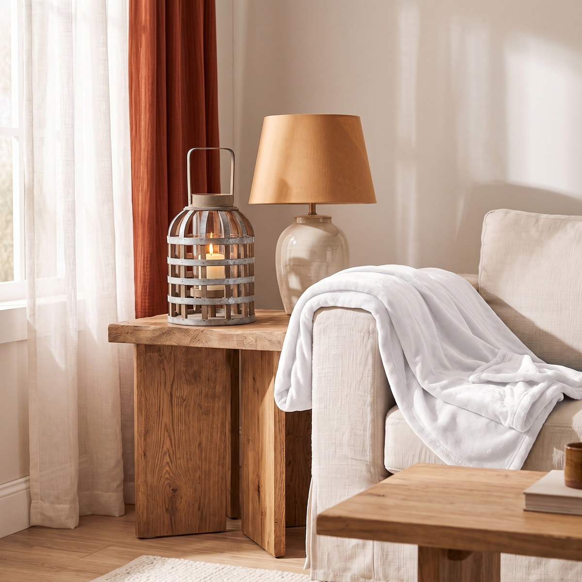 Silver wooden lantern on an oak side table next to a ceramic lamp