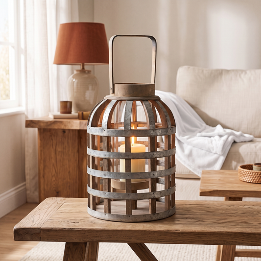 22.4 inch silver wood slat lantern with a lit candle on an oak coffee table